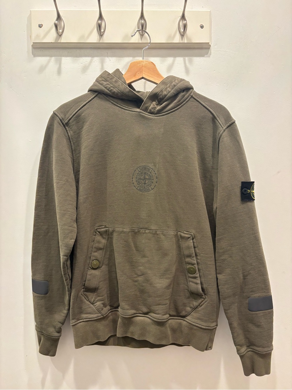 Stone Island Supreme Olive Green Hooded Sweatshirt with Compass Patch